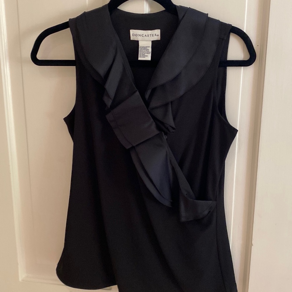Doncaster black sleeveless silk ruffle evening tank top Size S